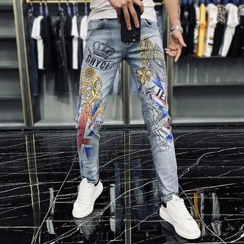 2021 Crown Printing Stretch Jeans Men Graffiti Print Jeans Graphic Jeans Motorcycle Skinny Jeans Men High Street Hip Hop Trendy
