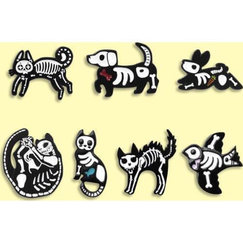 Animal Skeleton Enamel Pins Cat Dog Bird Badge Brooch Denim Clothes Backpack Fashion Animal Jewelry Gift For Friends