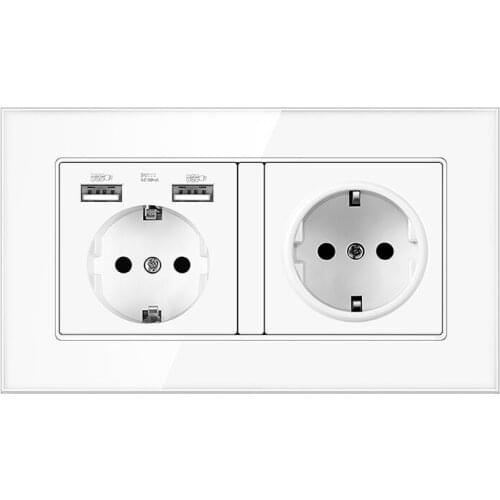 EU Standard Electrical USB Socket Crystal Glass Panel Wall Germany EU Socket With USB Outlet AC110-250V 16A White