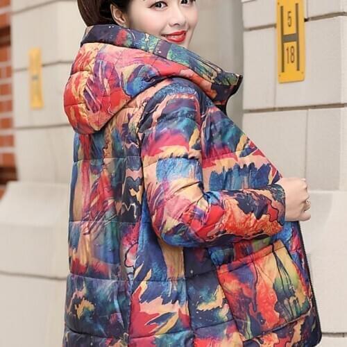 Chinese Style Womens Winter Down Jacket Printing Plus Size 4XL Thick Warm Outwear Loose Covered Button Female Cold Coat Y65