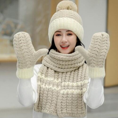 Women Winter 3 Piece Pompom Beanie Hat Long Scarf Gloves Set Contrast Color Chunky Knit Plush Lined Skull Cap Windproof Neck Wa