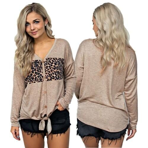 HOT Fashion Women Autumn Long Sleeve Leopard Stitching V-neck Button Casual Loose Shirt Top Blouse