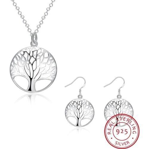 Wisdom Tree Necklace Earring set 925 Sterling Silver Tree of Life Pendant Necklace and Earrings Christmas Gifts Jewelry Set