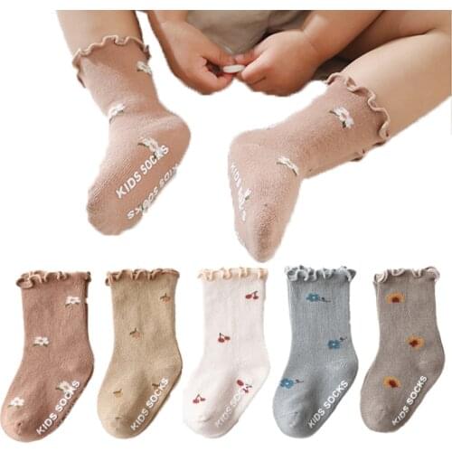 Floral Embroidery Fungus Edge Socks Newborn Baby Socks Cotton Knit Kids Knee High Socks for Toddler Girls Children Tube Socks