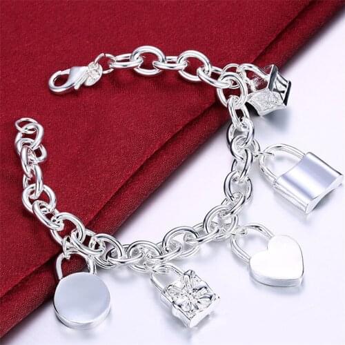 NEW Style 925 Silver Bracelet Heart / Circle / Square Lock Bracelets Bangles Woman Man Fashion Charm Wedding Jewelry