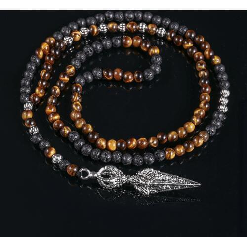 Natural Stone Necklace Men Retro Lava Bead Long Tiger Eye Skull/viking Pendants Necklaces Fashion Jewelry 2019 Kolye Hand Made