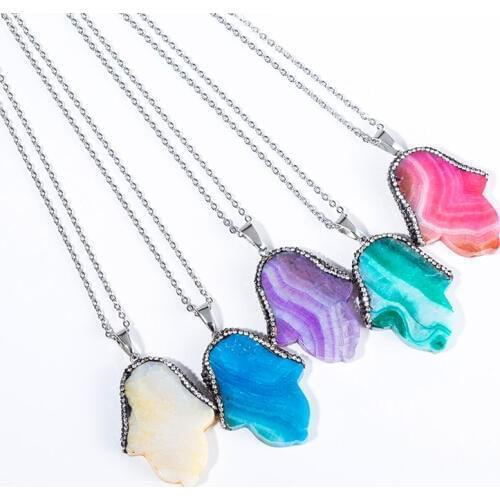 Real Reiki Natural Stone Pendant Onyx Healing Crystals Hamsa Fatima Pendant Rhinestone Beads necklace for women fashion jewelry