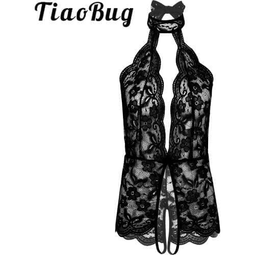 Sexy Lingerie for Womens Erotic Suit See-Through Lace Underwear Nightwear Underwired Deep V Neck Crotchless Bodysuit Underwear