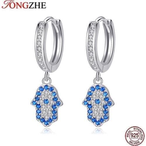TONGZHE 2020 Fashion 925 Sterling Silver Hamsa Drop Earrings for Women Blue Eye Lucky Earring CZ Crystal Turkish Jewelry