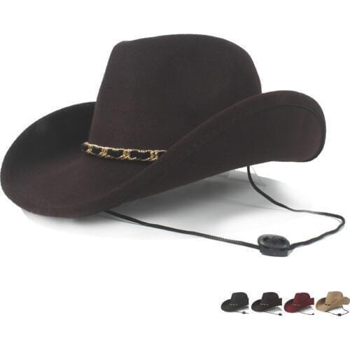 Wool Hollow Western Cowboy Hat For Women Men Outblack Fedora Sombrero Hombre Jazz Cap Wind Rope