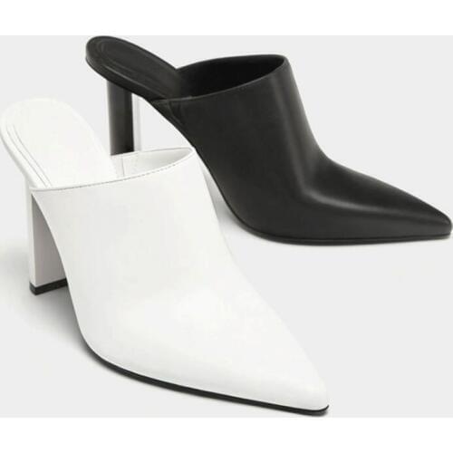 Carpaton Fashion High Heel Shoes Woman Pointed Toe Leather Thick Heels Dress Pumps Black White Mules Shoes