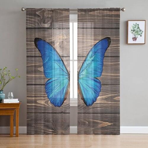 Vintage Wooden Texture Blue Butterfly Tulle Window Treatment Sheer Curtains for Living Room the Bedroom Curtains Decoration