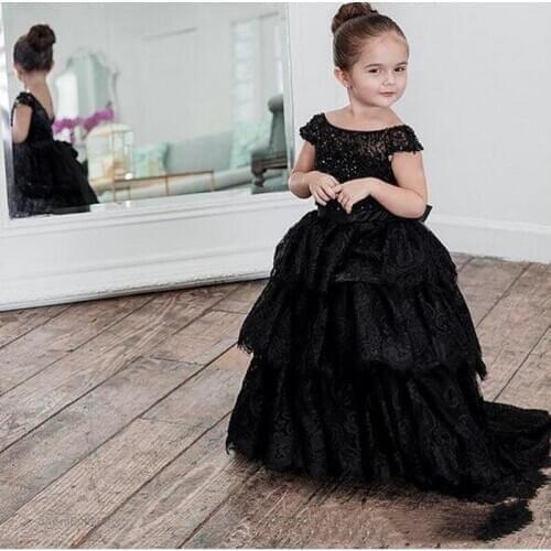 Custom Made Black Beaded Capped Sleeves Wedding Flower Girls' Dresses Long Sweep Tiered Lace Toddler Pageant Party Gowns