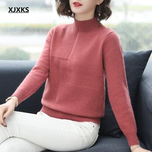 XJXKS 2021 winter new solid color all-match women turtleneck sweater high quality wool knitted sweater women pullover