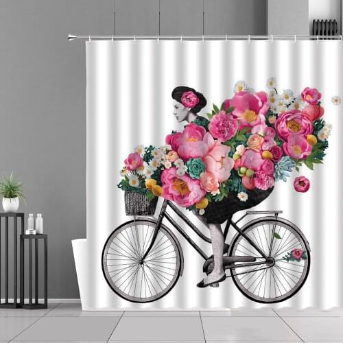 Flowers Retro Bicycle Girl Shower Curtains American Style Bathroom Hanging Curtain Home Bathtub Decor Waterproof Bath Screen