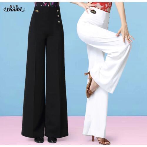 DOUBL Vogue Womens Latin Dance Pants New Ballroom High Waist Ladys Standard Practice Wide Leg White Trousers Waltz Dancing