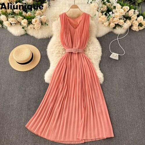Aliunique New V-neck Folds Dress for Women 2021 Summer Leisure Temperament Long Dress Lady Sleeveless Casual Vacation Dress INS