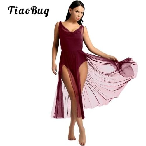 TiaoBug New Women Mesh Ballet Tutu Dress Built In Shelf Bra Leotard Adult Gymnastics Leotard Contemporary Lyrical Dance Costumes