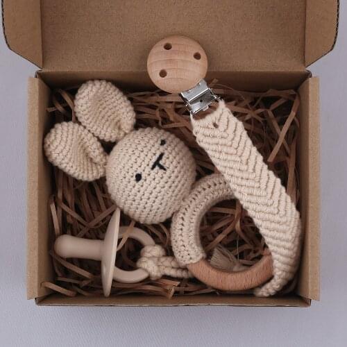 1 Set Crochet Cartoon Bunny Teether Baby Toy BPA Free Beech Wooden Teether Ring Cotton Pacifier Clip Chain Newborn Nipple Holder