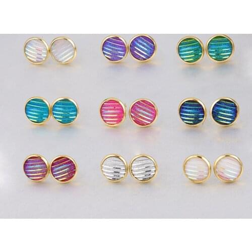 12mm Striped Druzy Drusy Gold Color Stud Earrings Glittery Bright Resin Cabochon Gypsophila Earrings for Women Jewelry Gift