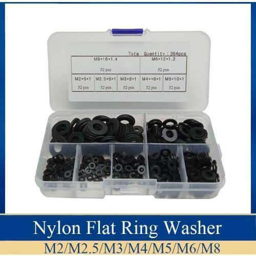 364Pcs M2/M2.5/M3/M4/M5/M6/M8 Black Nylon Flat Ring Plain Repair Washer Furniture Gasket Metric Assortment Kit with Box