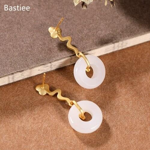 Bastiee Silver 925 Jewelry 925 Sterling Silver Earrings Dangle Earrings Vintage Korean Earrings Golden Plated Jade