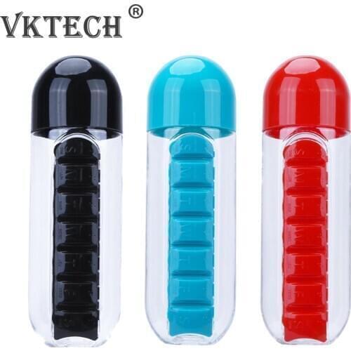 2 in 1 600ML Water Bottle with Pillbox Outdoors Drinking Bottles Cups Travel 7 Days Drug Organizer Drinking Container Pill Case