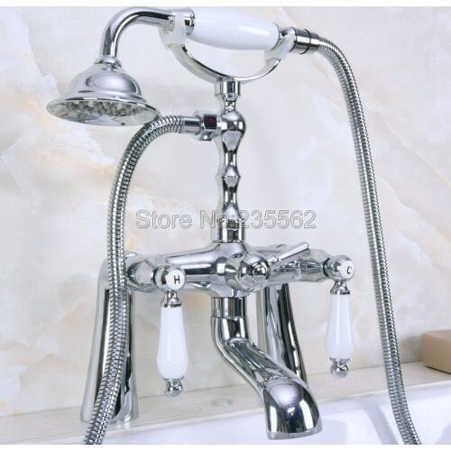 Chrome Deck Mounted Clawfoot Bathtub Faucet W/ Handheld Shower Dual Handles Bathroom Mixer Tap lna112