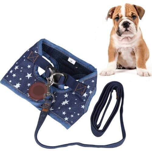 Breathable Mesh Denim Small Pet Dog Cat Harness And Leash Set Puppy Cat Escape Proof Vest Harness Collar Traction Rope Set