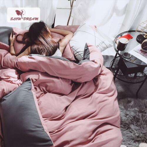 SlowDream Pink Girl Duvet Cover Set Gray Bed Flat Sheet Luxury Decor Bedding Set Bedclothes Japan Style Solid Color Bed Linens