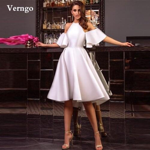 Verngo Simple A Line Satin Short Wedding Party Dresses 2021 Jewel Neck Off the Shoulder Knee Length Bridal Dress Formal Gown