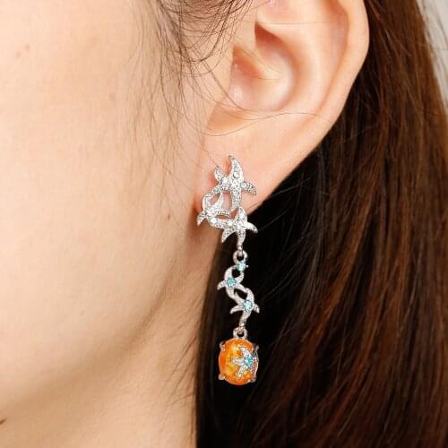 Milangirl Starfish Lace Colorful Crystal Ear Stud Earrings Alloy Dangle Earring for Women Hoop Earrings Wedding Party Jewelry