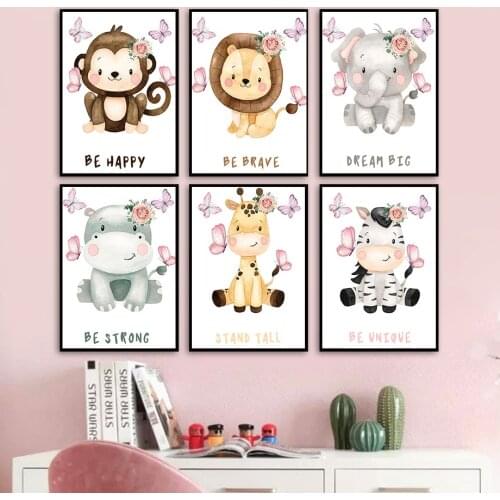 Cute Lion Elephant Zebra Deer Girl Nursery Wall Art Canvas Painting Nordic Posters And Prints Wall Pictures Kids Baby Room Decor