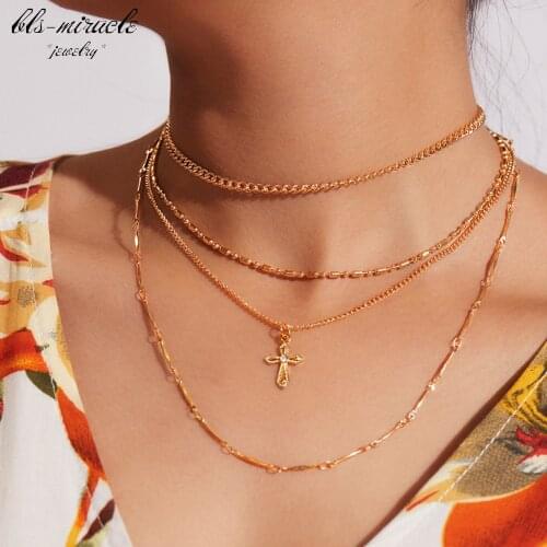 Bls-miracle punk fashion accessories Trendy Multi-layer cross with crystal pendant Necklace gift for lover N562