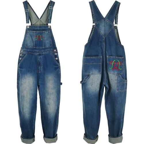 2021 Jeans Men Overalls Bib Denim Jumpsuits Embroidery Loose Large Size Straight Workwear Pants Hip Hop Blue Coverall Trousers