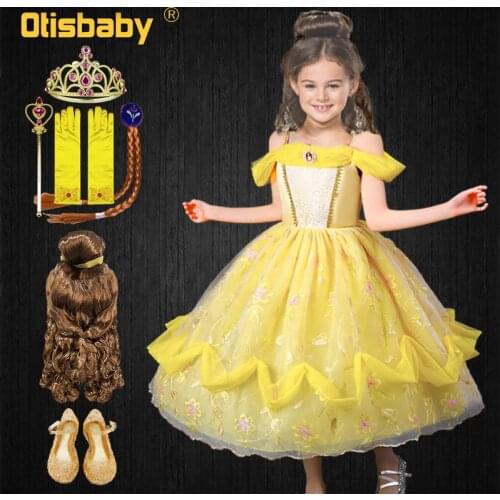 Fancy Girl Beauty and the Beast Shoulderless Princess Dress Halloween Children Flowers Tassel Belle Birthday Party Prom Dress