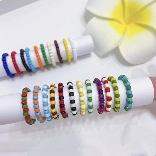 New Korean Retro Trend Acrylic Color Weave Beads Ring for Women Girl Bohemian Fashion Party Summer Hot Jewelry