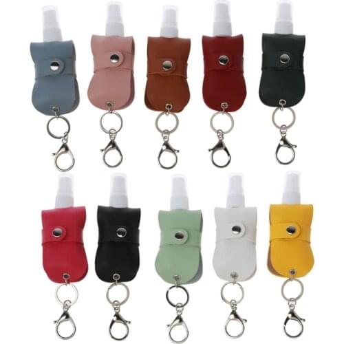 Portable 50ml Squeeze Spray Bottle Empty Leakproof Plastic Refillable Travel Mister Bottle with Leather Keychain Holder