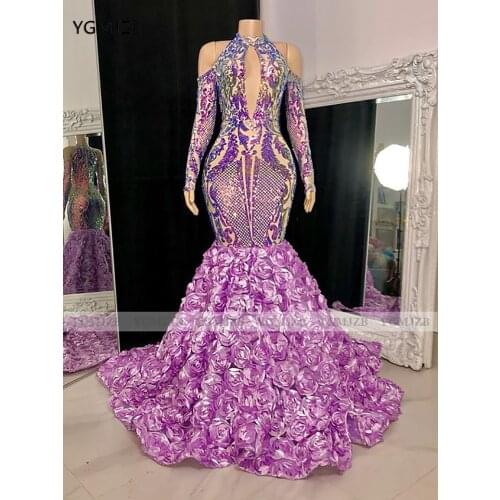 Sexy Sparkly Sequin Evening Dresses 2021 Mermaid Long Sleeves Floor Length 3D Flowers Train Saudi Arabic Women Formal Prom Gowns