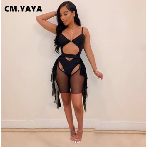 Sexy Mesh Ruffles Splicing Knee Length Leggings and Bodysuit Matching Set for Beach Swimsuit Bikini Set CM.YAYA