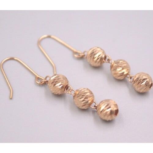 Pure 18K Rose Gold Dangle Women Lucky Gift 3 Carved Beads Ball Earrings / 2.9g