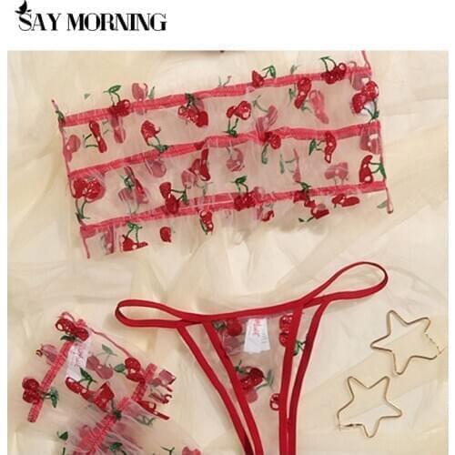 SAY MORNING New Sexy Lace Lingerie Set 4 pieces Red Bra Set with Handwrists for Women Lace Lingerie Underwire Bra and Panty