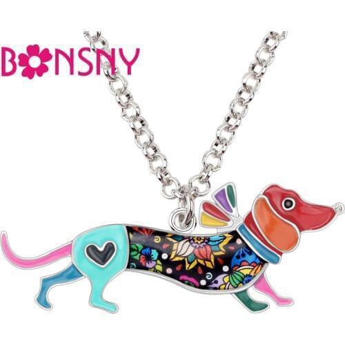 Bonsny Statement Enamel Alloy Floral Collar Dachshund Dog Necklace Pendant Cartoon Animal Jewelry For Women Girls Teen Pet Lover