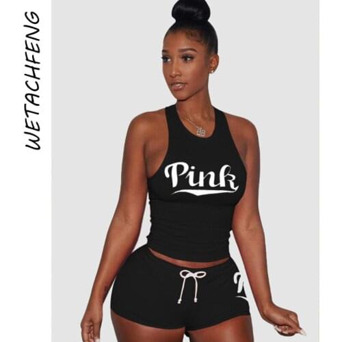 Womens PINK Letter Black Summer Sleeveless Shorts And Tops Two Piece Set Fitness Club Outfits Plus Size Tracksuits Clothing