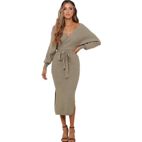 New Sexy Autumn V Neck With Cross Belt Sweater Knitted Women Dress 2021 Winter Long Sleeve Solid Color Elegant Dress