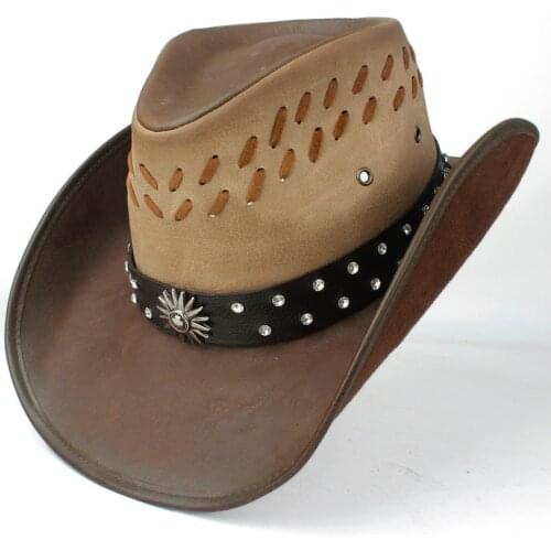 100% Leather Men Women Western Cowboy Hat Wide Brim Hat Outdoor Sombrero Hombre Cowgirl Hat
