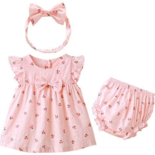 2021 New Baby Girl 3PCS Outfit Set Solid Color Short Sleeve Ruffle Button Closure Romper Short Flower Waist Belt Pants Hair Band