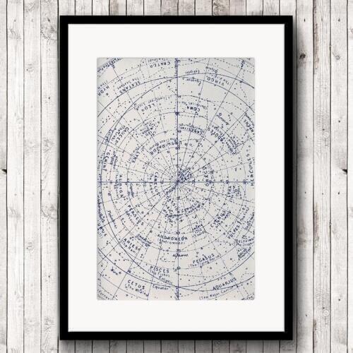 Astrology Print Old Star Chart Vintage Astronomy Map or Northern Hemisphere Sign Painting Constellation Stars Zodiac Poster