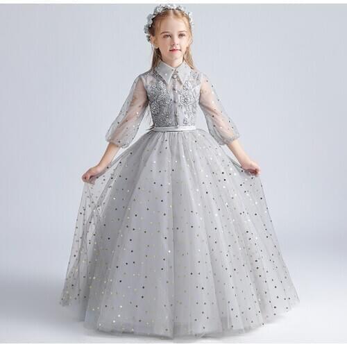 Flower Girl Dresses Illusion Beading Crystal Red Sequined Princess Floor-Length Ball Gown Luxury Short Lace Kid Party Skirt H070