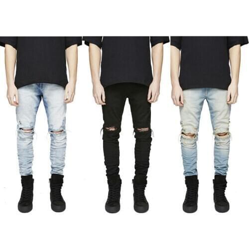 New Fashion men Denim Trousers Straight Washed with Pleated Ripped holes skinny biker jeans slim fit jeans male elastic pants